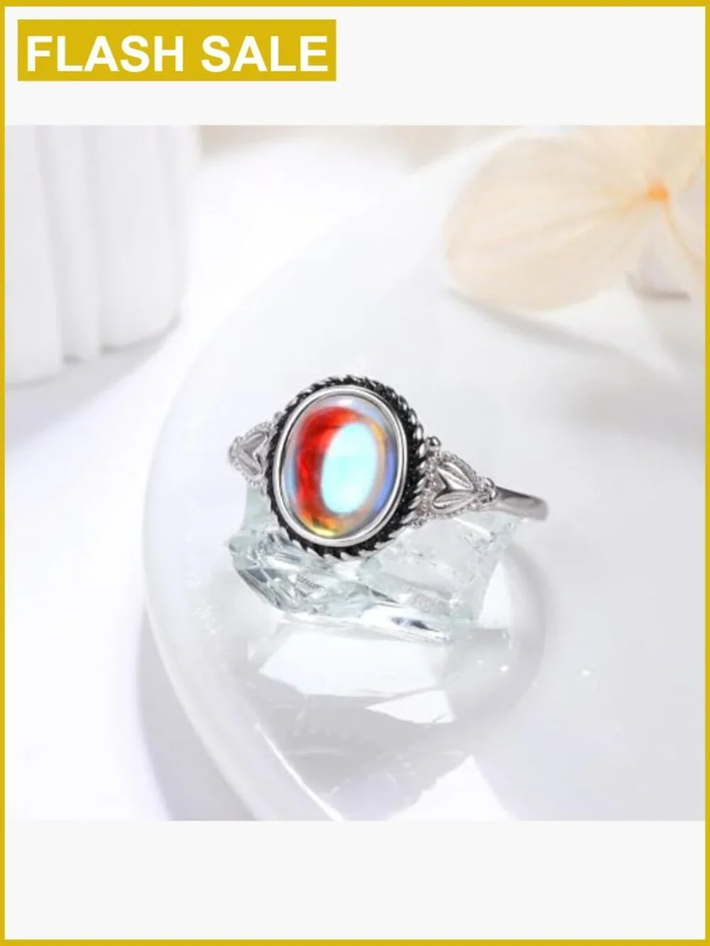 Sterling Silver Moonstone Mood Ring Victorian Oval Solitaire 18K White Gold